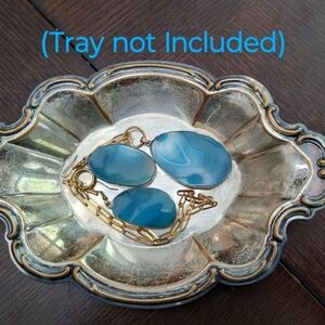 Blue Agate Slices Pendant Necklace and Earring Set W/Gold Chain/Trim/Setting